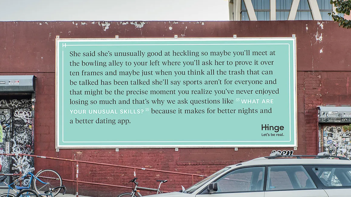 A Hinge billboard with a long dating story promotes more engaging connections.