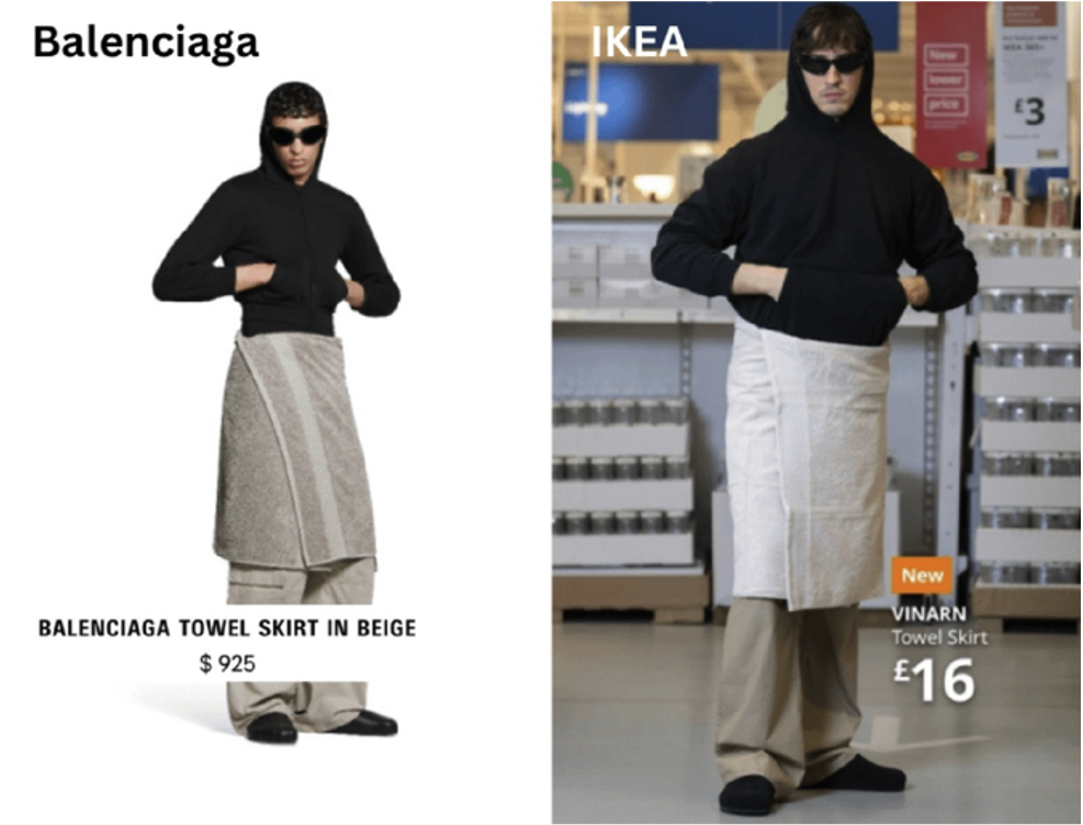 A side-by-side image compares a model wearing a $925 Balenciaga towel skirt with a similar $16 IKEA towel, highlighting the price difference.