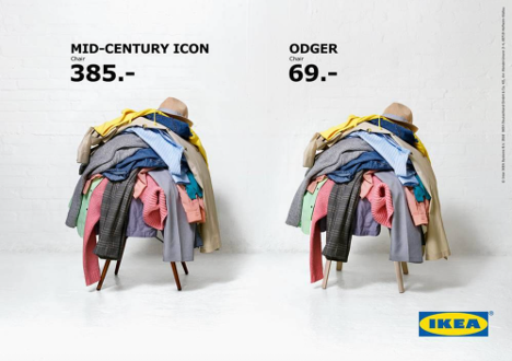 Two chairs piled with clothes are labeled with different names and prices, emphasizing IKEA’s lower-cost option.
