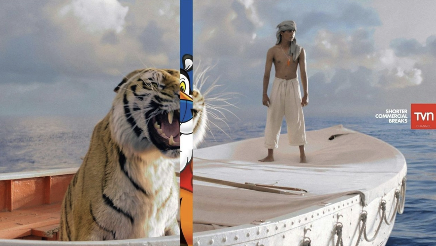A split-screen image shows a roaring tiger on a boat from Life of Pi; a narrow vertical strip reveals Tony the Tiger, hinting at short commercial breaks.
