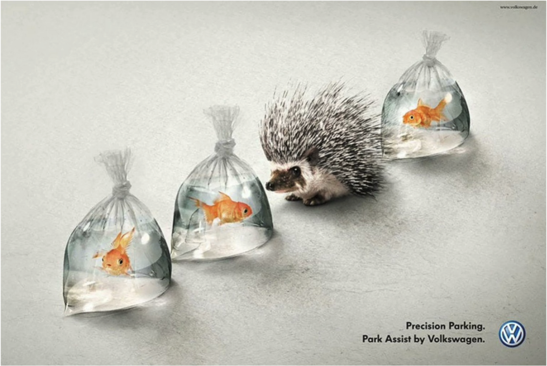 A porcupine fits precisely between plastic bags with goldfish, arranged like tightly parked cars; text reads ‘Precision Parking. Park Assist by Volkswagen.’