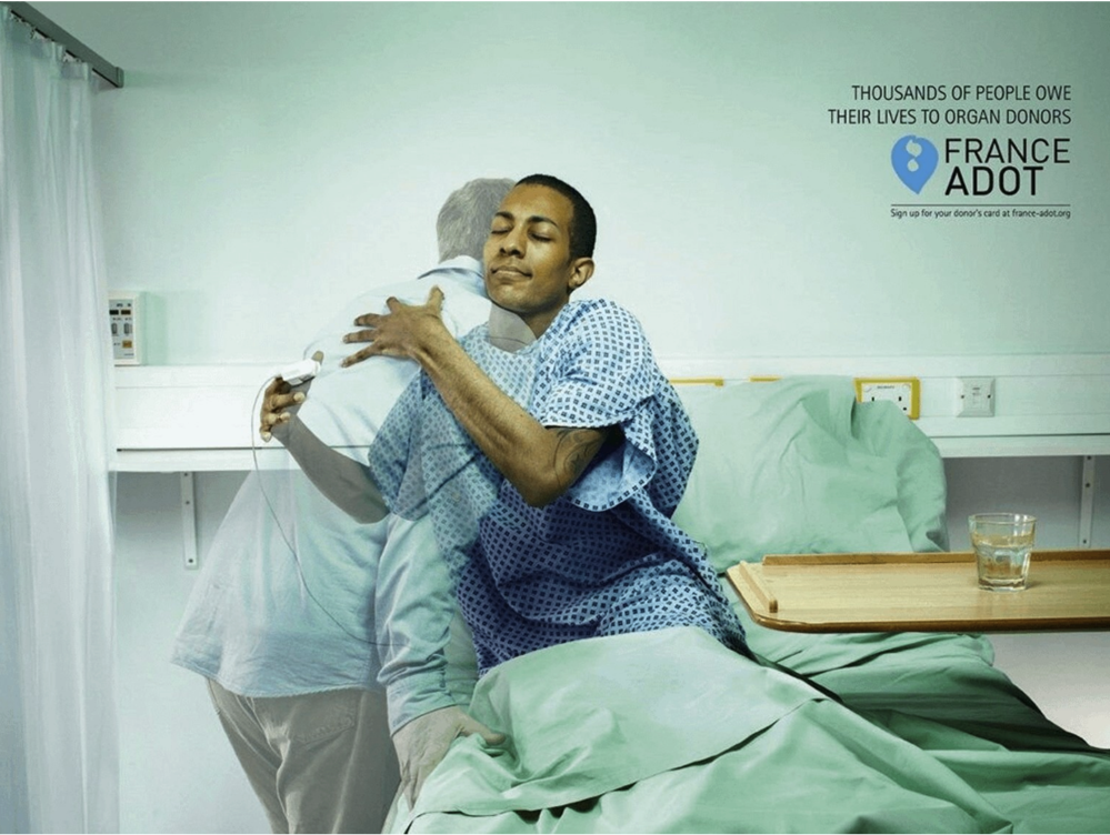 A hospital patient hugs a semi-transparent figure, suggesting an organ donor; text notes that thousands owe their lives to donors.
