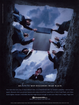 From inside a grave, six people dressed in black look down while lowering a dead project; text reads ‘We know why designers wear black,’ implying ideas die without strong presentation.