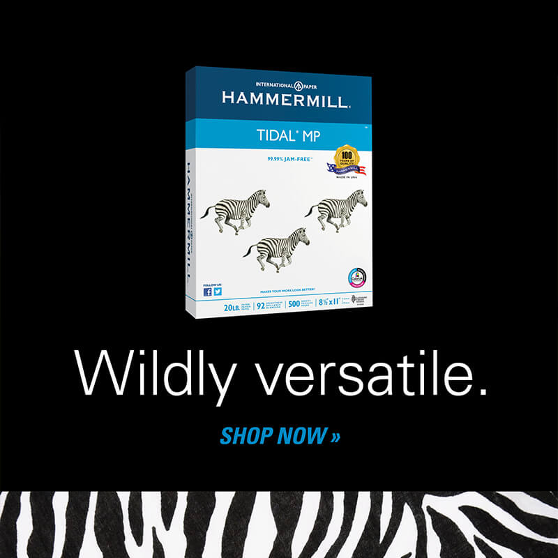 Website banner campaign for Hammermill, showing packaging with animals, accompanied by headlines like wildly versatile